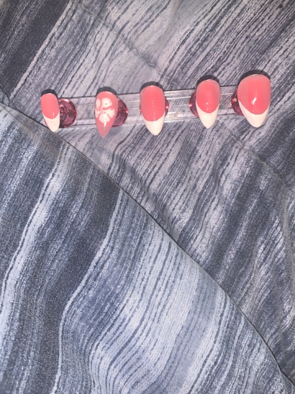Pink and White Almond Press-On Nails - Floral Accent Set
